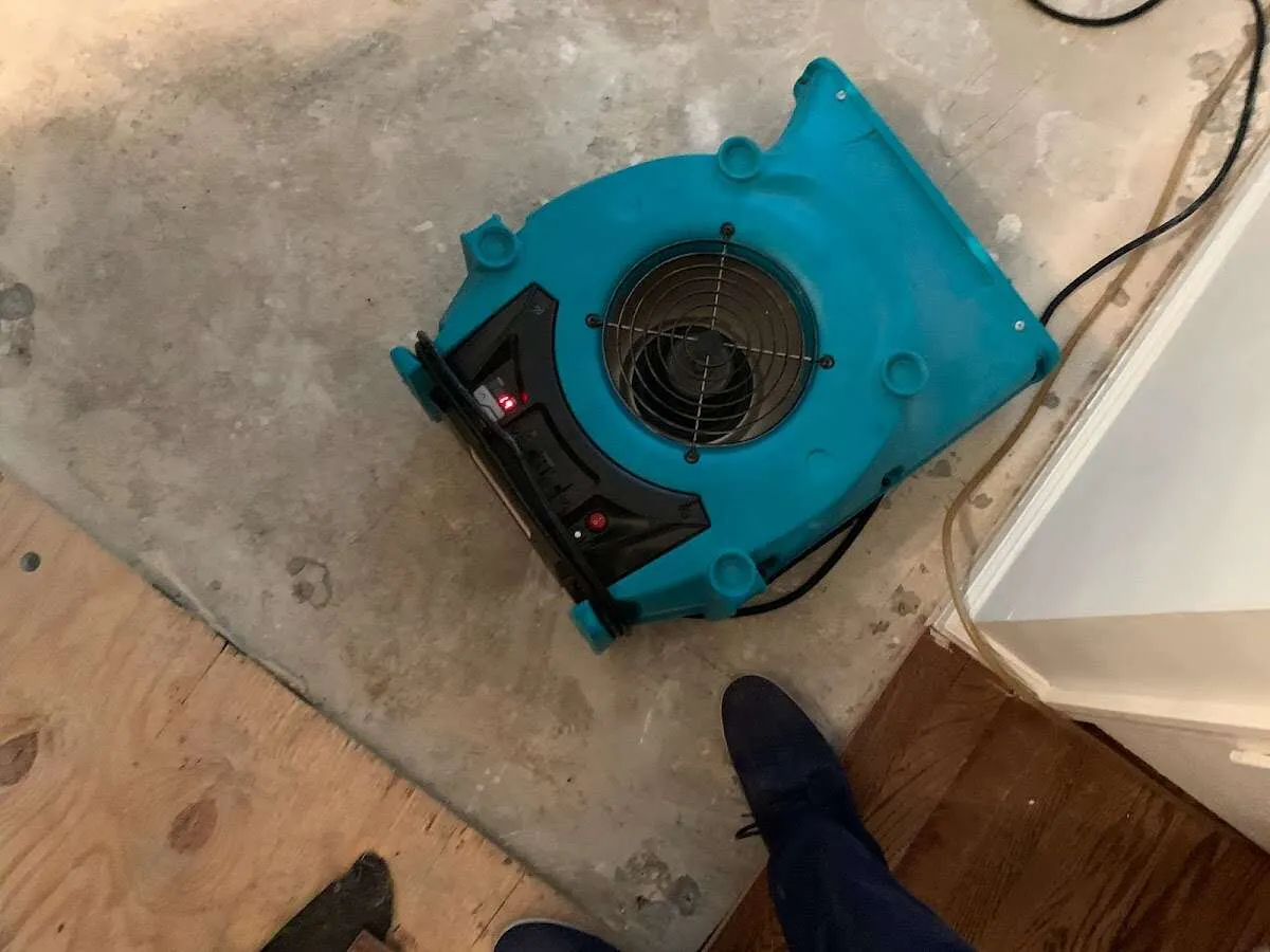 Air mover drying subfloor during Commercial Water Damage Restoration in River Edge